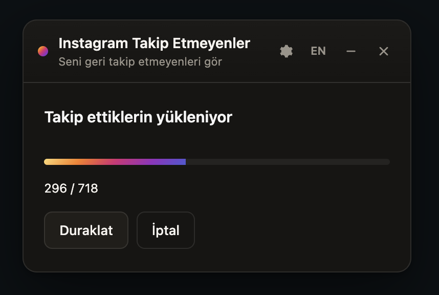 Tarama paneli çalışırken: takip edilen hesaplar yükleniyor, 718 hesabın 296'sı tarandı